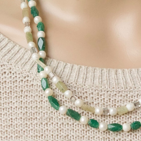 Vintage Aventurine & Genuine Pearl Beaded Necklace Double Strand Sterling Silver - Picture 2 of 5